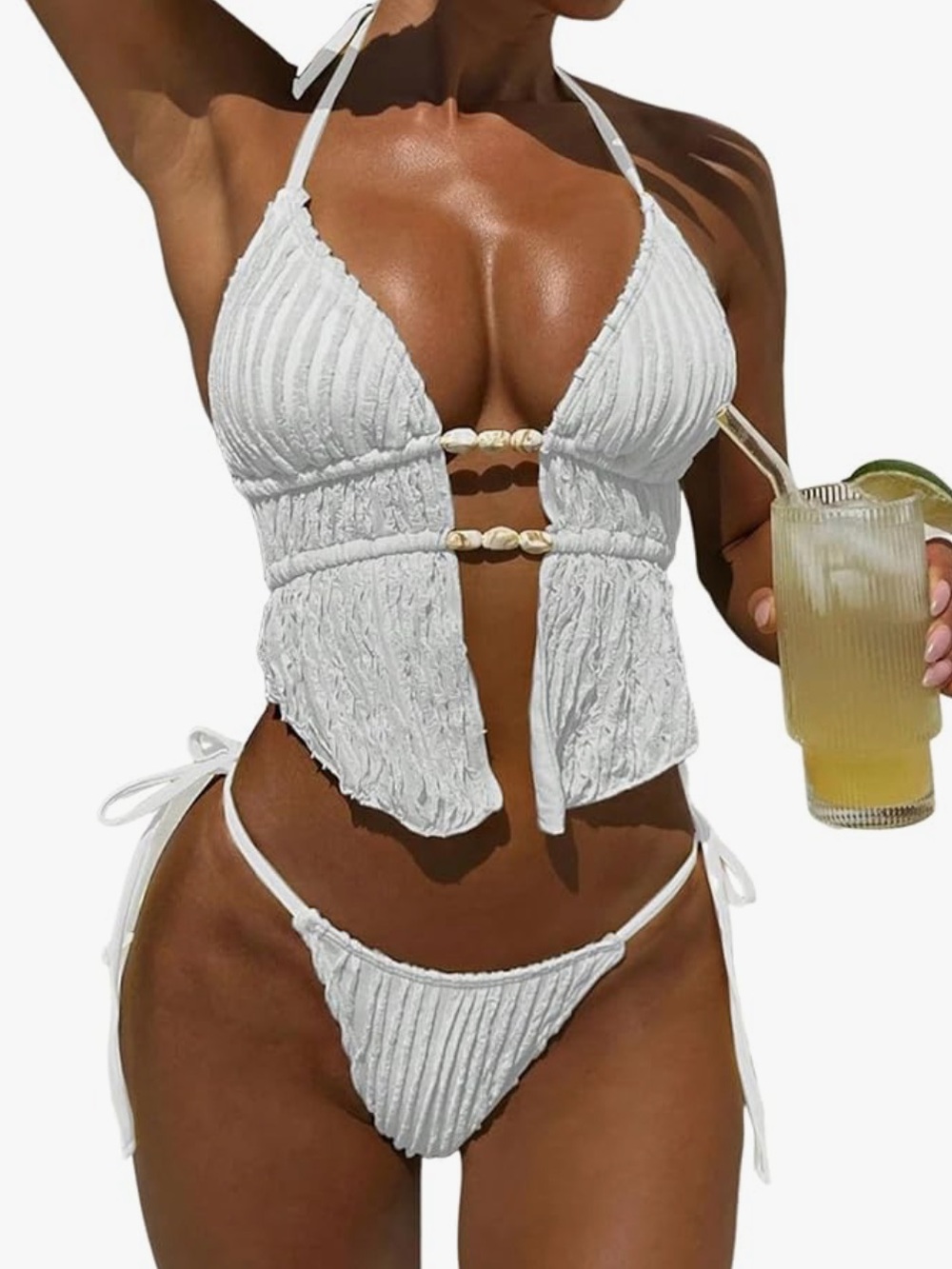 White Textured Two-Piece Halter Swim Set with Shell Accent